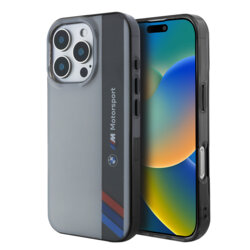 Husa BMW iPhone 16 Pro Max Hardcase Motorsport IML Vertical Stripe, gri, BMHCP16X23HTFEG