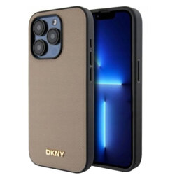 Husa piele iPhone 15 Pro Max DKNY Leather Hardcase Grained PU Metal Logo MagSafe, bej, DKHMP15XPGHLME