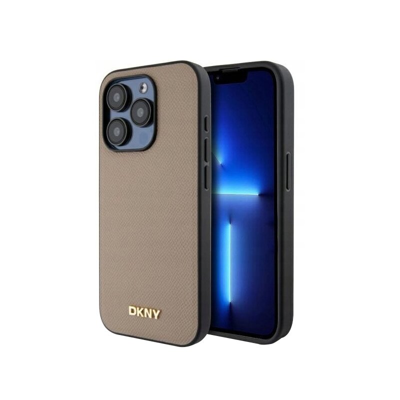 Husa piele iPhone 15 Pro Max DKNY Leather Hardcase Grained PU Metal Logo MagSafe, bej, DKHMP15XPGHLME