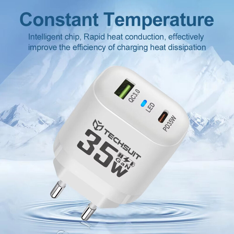 Incarcator priza GaN premium USB, Type-C, 35W Techsuit, alb, CHPD174