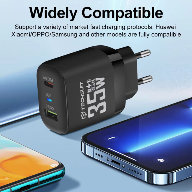 Incarcator priza GaN premium USB, Type-C, 35W Techsuit, negru, CHPD174