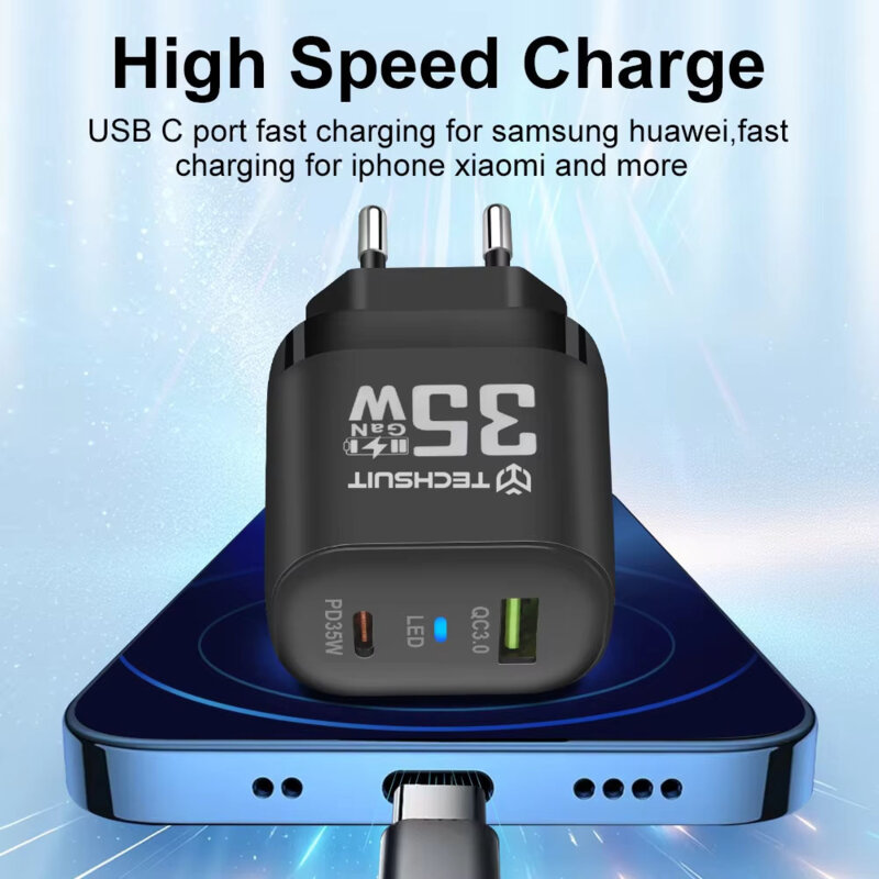 Incarcator priza GaN premium USB, Type-C, 35W Techsuit, negru, CHPD174