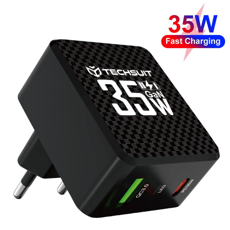 Incarcator priza GaN premium USB, Type-C, 35W Techsuit, negru, CHPD173