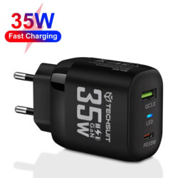 Incarcator priza GaN premium USB, Type-C, 35W Techsuit, negru, CHPD174