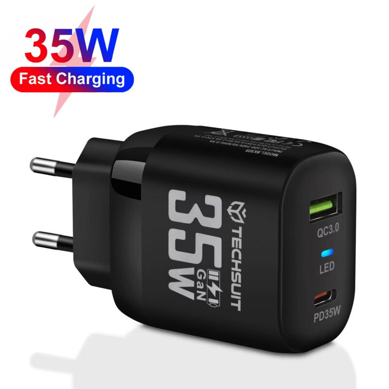 Incarcator priza GaN premium USB, Type-C, 35W Techsuit, negru, CHPD174