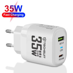 Incarcator priza GaN premium USB, Type-C, 35W Techsuit, alb, CHPD174