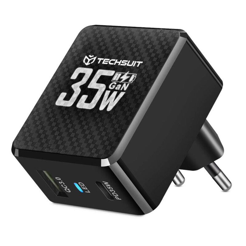 Incarcator priza GaN premium USB, Type-C, 35W Techsuit, negru, CHPD173