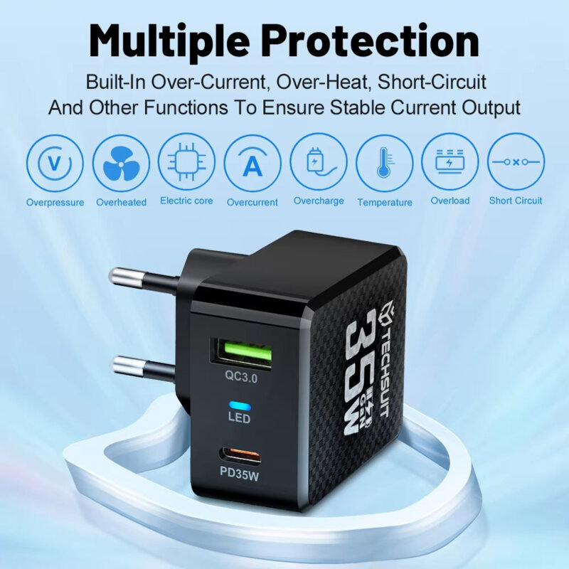 Incarcator priza GaN premium USB, Type-C, 35W Techsuit, alb, CHPD173