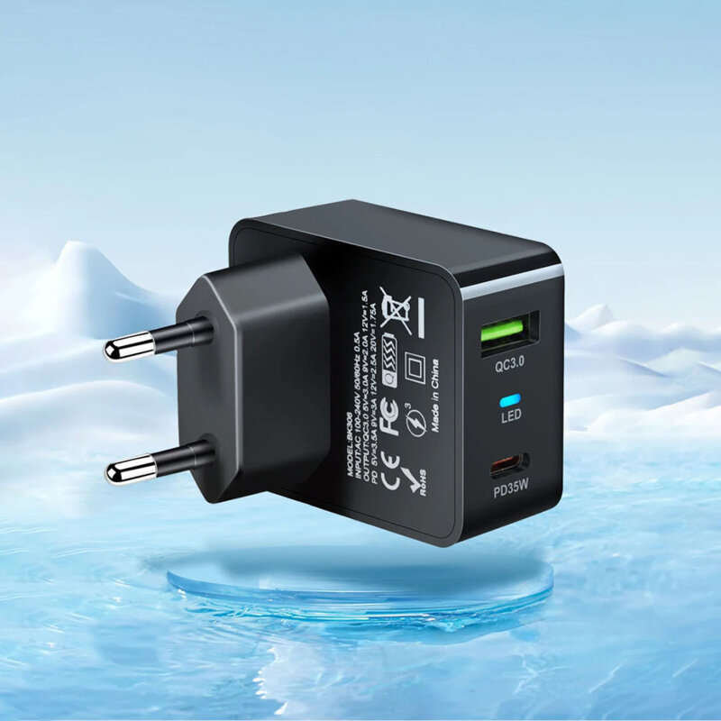 Incarcator priza GaN premium USB, Type-C, 35W Techsuit, negru, CHPD173