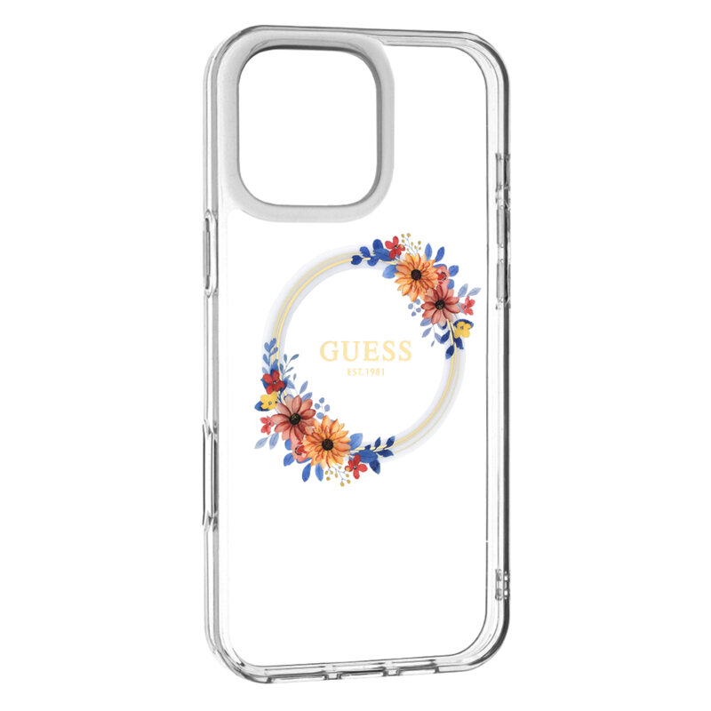 Husa iPhone 16 Pro Max originala Guess IML Flowers Wreath MagSafe, transparenta, GUHMP16XHFWFCT