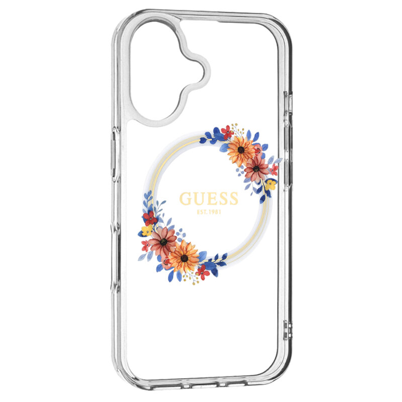 Husa iPhone 16 Plus originala Guess IML Flowers Wreath MagSafe, transparenta, GUHMP16MHFWFCT
