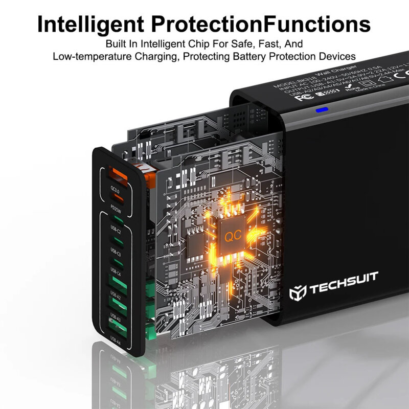 Incarcator priza 4xUSB, 4xType-C Fast Charging Techsuit, negru, CHPD224
