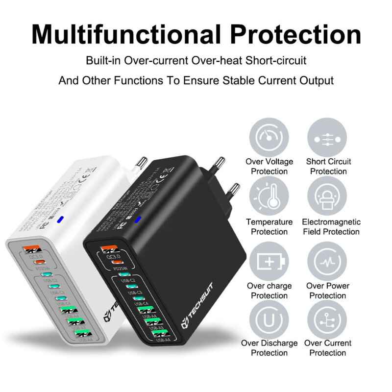 Incarcator priza 4xUSB, 4xType-C Fast Charging Techsuit, alb, CHPD224