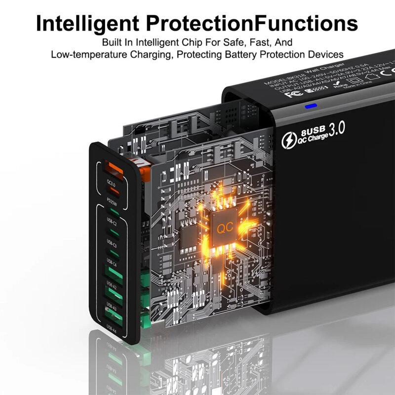Incarcator priza 4xUSB, 4xType-C Fast Charging Techsuit, alb, CHPD224