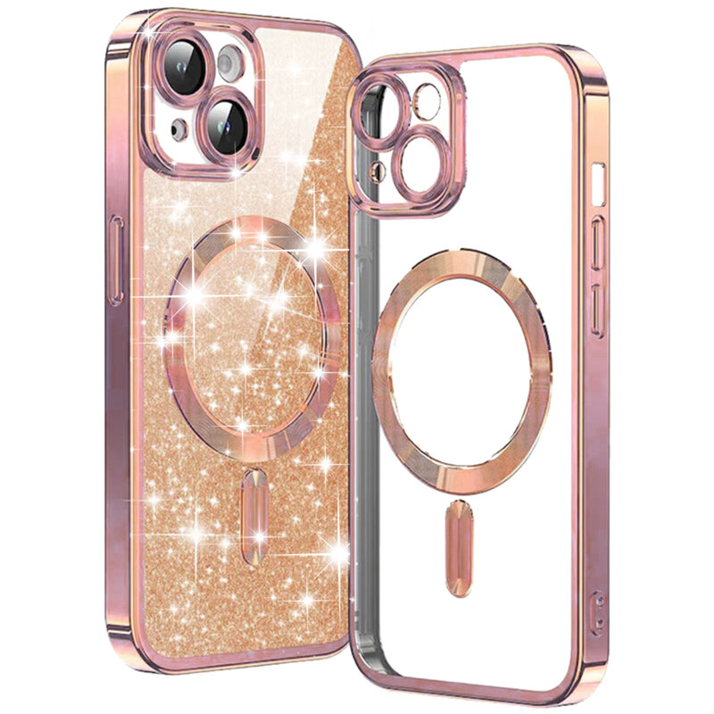 Husa premium iPhone 15 Techsuit Luxury Glitter MagSafe, roz auriu