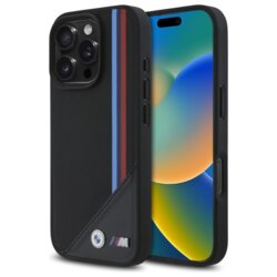 Husa BMW iPhone 16 Pro Max Leather M Meshed Tricolor Stripes MagSafe, negru, BMHMP16X23PUTRK