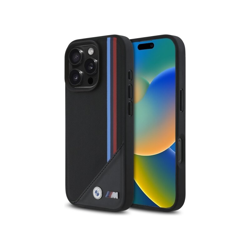 Husa BMW iPhone 16 Pro Max Leather M Meshed Tricolor Stripes MagSafe, negru, BMHMP16X23PUTRK