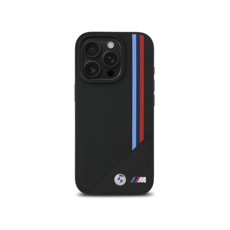 Husa BMW iPhone 16 Pro Max Leather M Meshed Tricolor Stripes MagSafe, negru, BMHMP16X23PUTRK