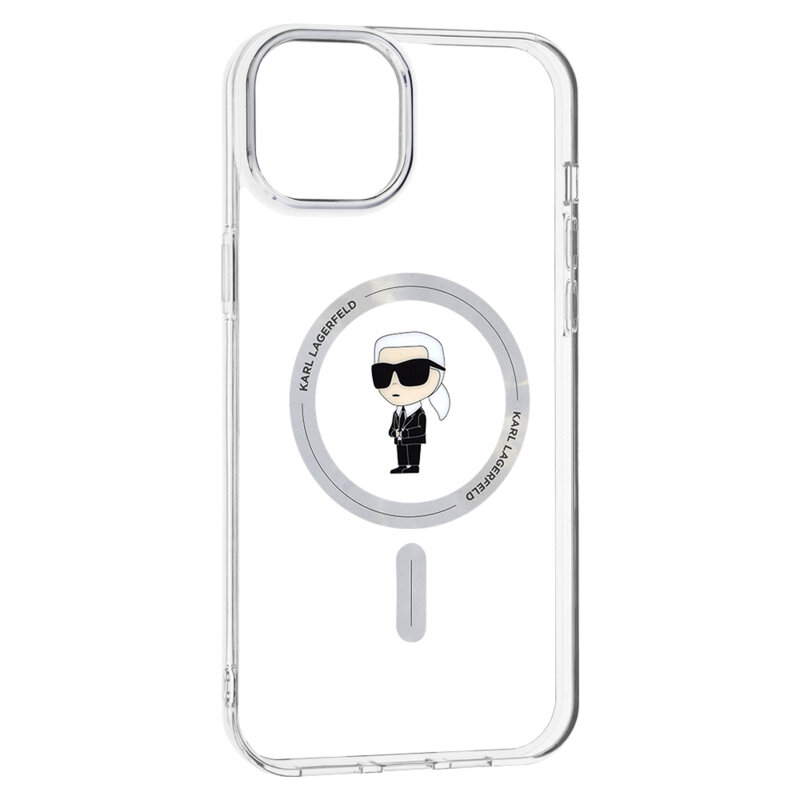 Husa iPhone 15 Plus Karl Lagerfeld IML MagSafe, Ikonik, transparenta, KLHMP15MHFCKNOT