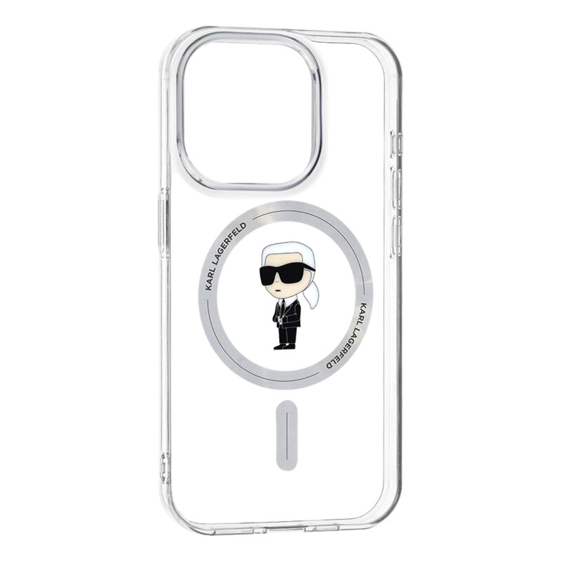 Husa iPhone 15 Pro Karl Lagerfeld IML MagSafe, Ikonik, transparent, KLHMP15LHFCKNOT