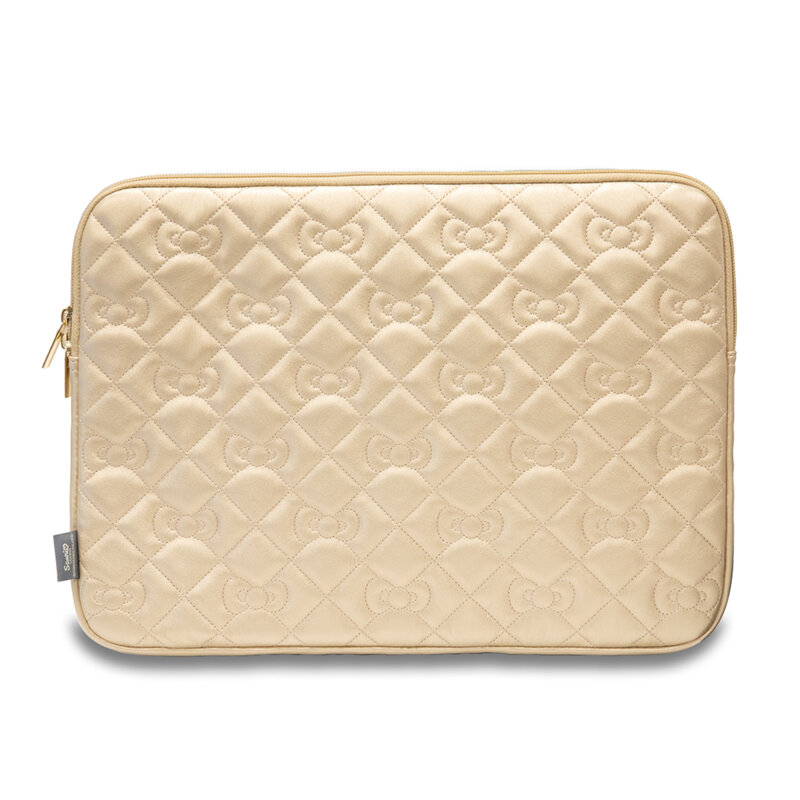 Husa laptop 14 inch cu fermoar Hello Kitty Zip PU Quilted Bows, auriu, HKCSZPEKHBPD