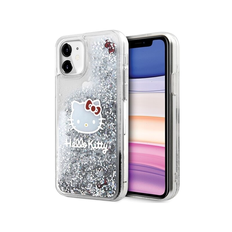 Husa Hello Kitty iPhone 11 Liquid Glitter Charms Kitty Head, HKHCN61LIKHET, argintiu