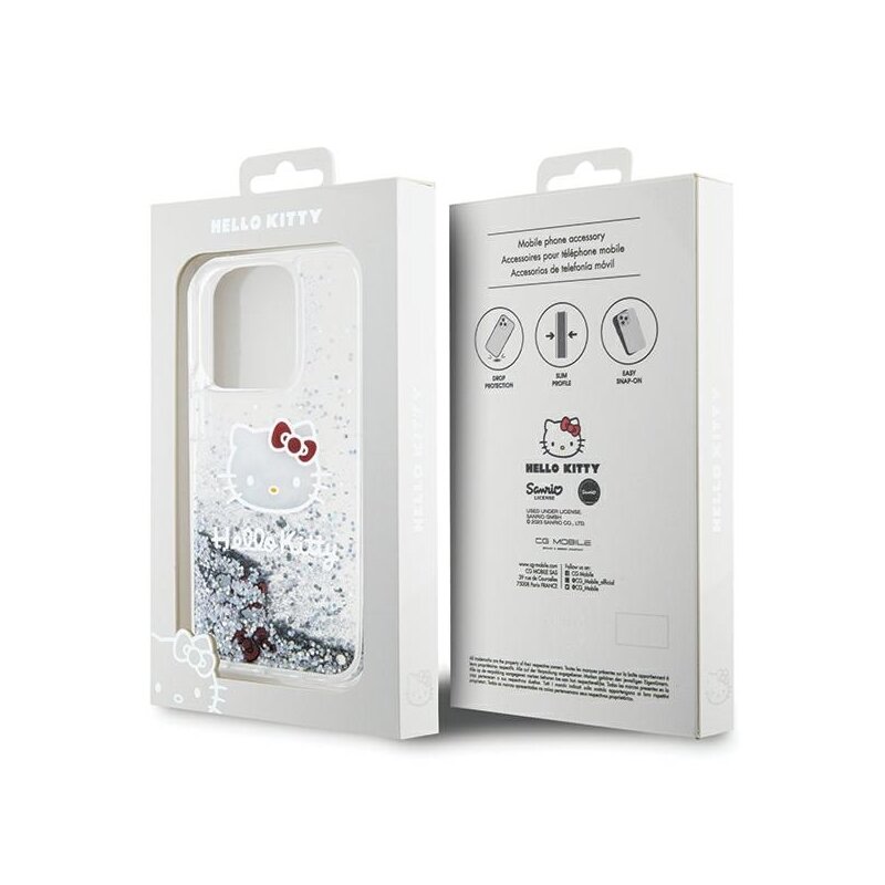 Husa Hello Kitty iPhone 15 Pro Hardcase Liquid Glitter Charms Kitty Head, HKHCP15LLIKHET, argintiu