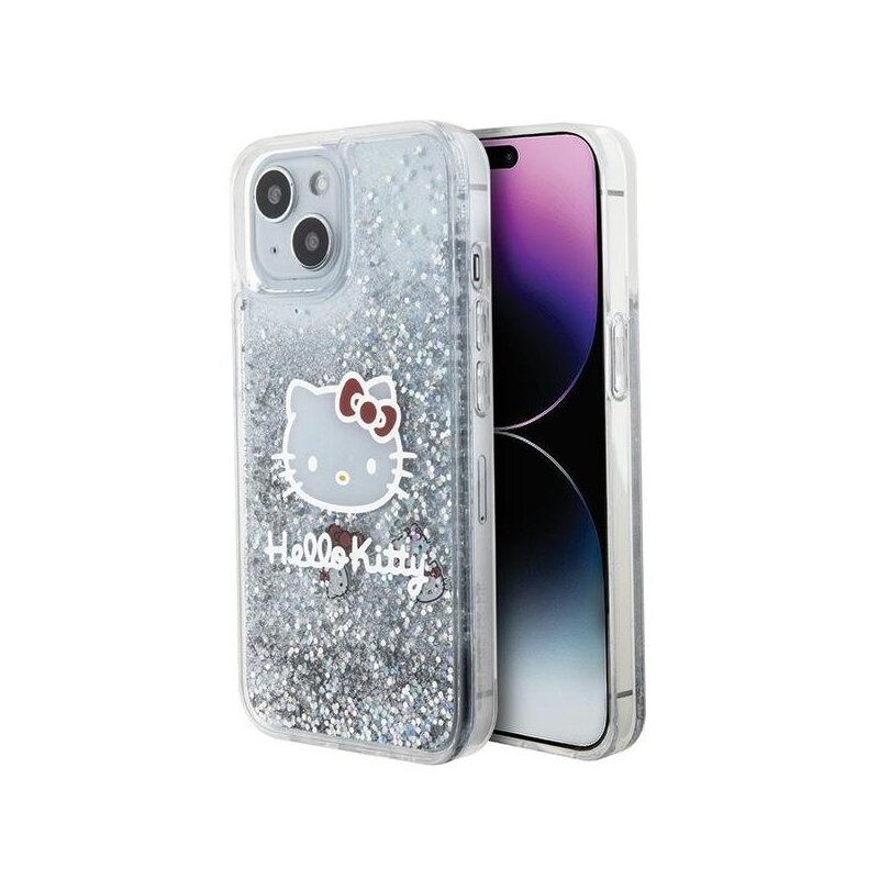 Husa Hello Kitty iPhone 15 Hardcase Liquid Glitter Charms Kitty Head, HKHCP15SLIKHET, argintiu