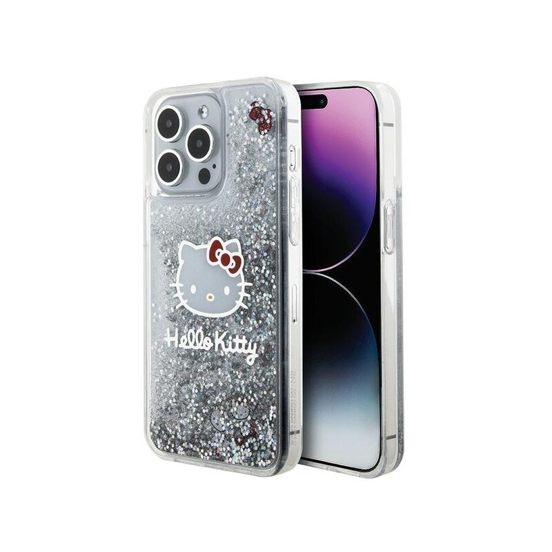 Husa Hello Kitty iPhone 15 Pro Max Hardcase Liquid Glitter Charms Kitty Head, HKHCP15XLIKHET, argintiu