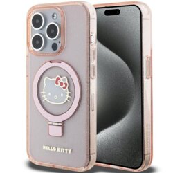 Husa Hello Kitty iPhone 15 Pro Hardcase Ring Stand Glitter Electrop Logo MagSafe, HKHMP15LHRSGEP, roz