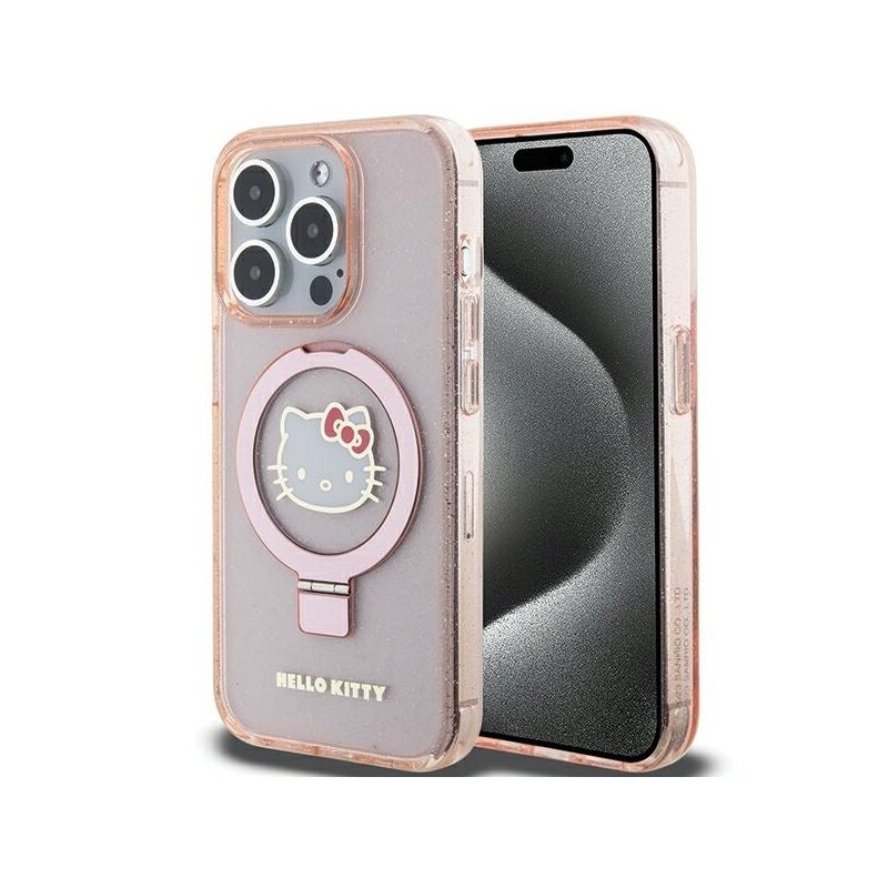 Husa Hello Kitty iPhone 15 Pro Hardcase Ring Stand Glitter Electrop Logo MagSafe, HKHMP15LHRSGEP, roz