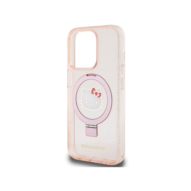 Husa Hello Kitty iPhone 15 Pro Hardcase Ring Stand Glitter Electrop Logo MagSafe, HKHMP15LHRSGEP, roz
