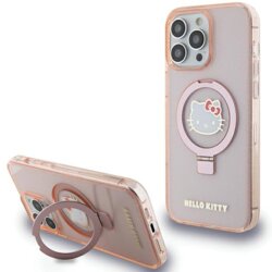 Husa Hello Kitty iPhone 15 Pro Max Hardcase Ring Stand Glitter Electrop Logo MagSafe, HKHMP15XHRSGEP, roz