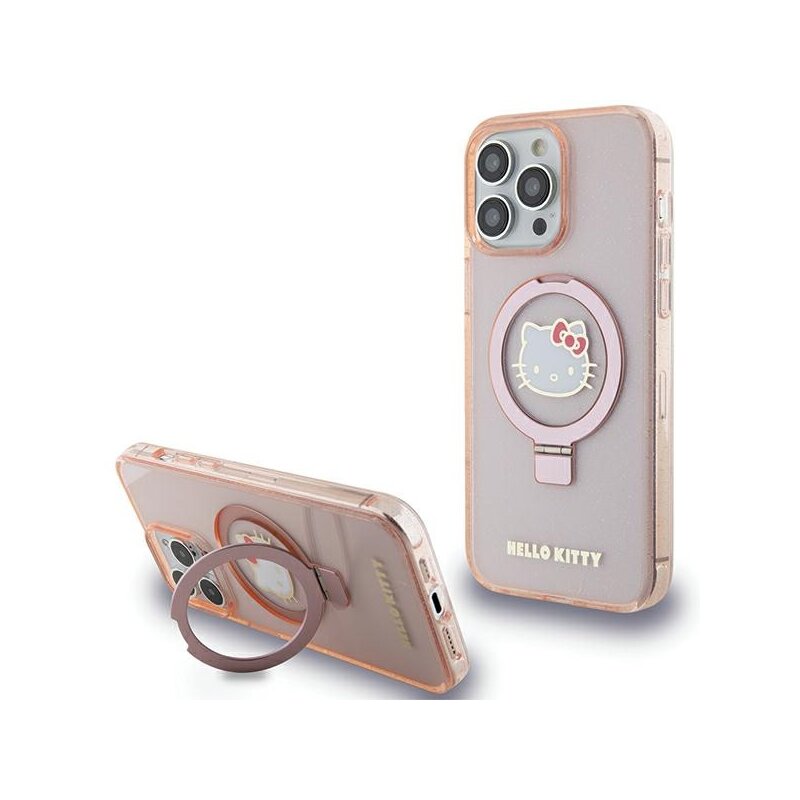 Husa Hello Kitty iPhone 15 Pro Max Hardcase Ring Stand Glitter Electrop Logo MagSafe, HKHMP15XHRSGEP, roz