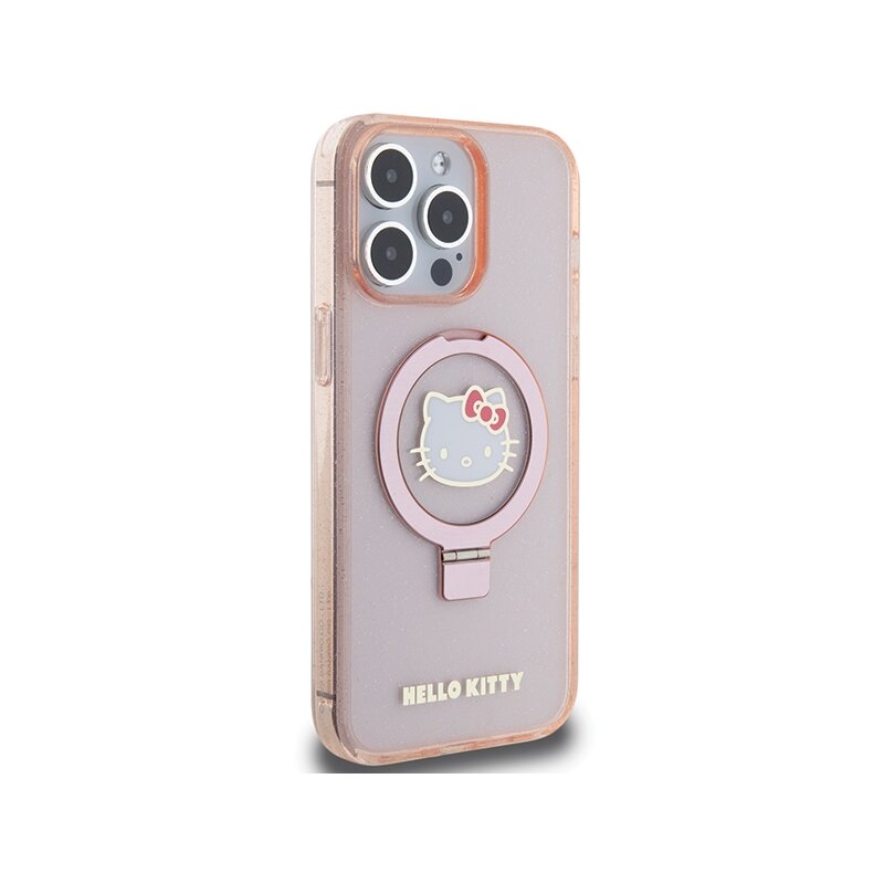 Husa Hello Kitty iPhone 15 Pro Max Hardcase Ring Stand Glitter Electrop Logo MagSafe, HKHMP15XHRSGEP, roz