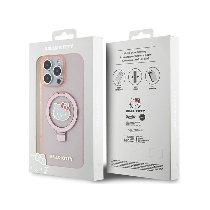 Husa Hello Kitty iPhone 15 Pro Max Hardcase Ring Stand Glitter Electrop Logo MagSafe, HKHMP15XHRSGEP, roz