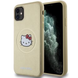 Husa Hello Kitty iPhone 11 Hardcase Leather Kitty Head MagSafe, HKHMN61PGHCKD, auriu