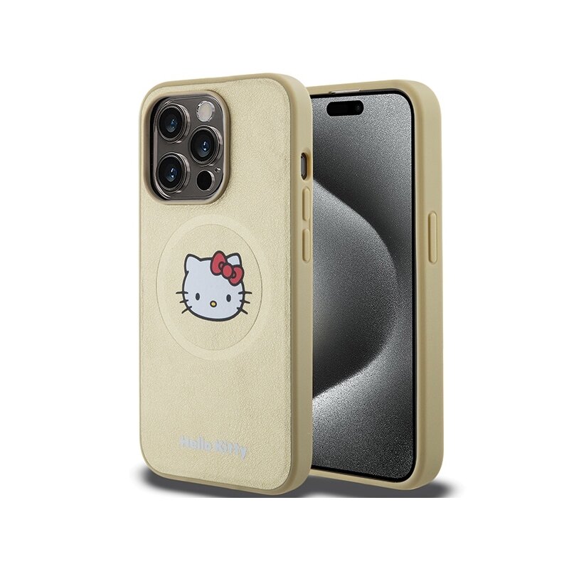 Husa Hello Kitty iPhone 14 Pro Max Hardcase Leather Kitty Head MagSafe, HKHMP14XPGHCKD, auriu