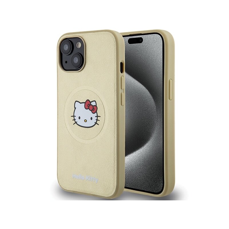 Husa Hello Kitty iPhone 15 Hardcase Leather Kitty Head MagSafe, HKHMP15SPGHCKD, auriu