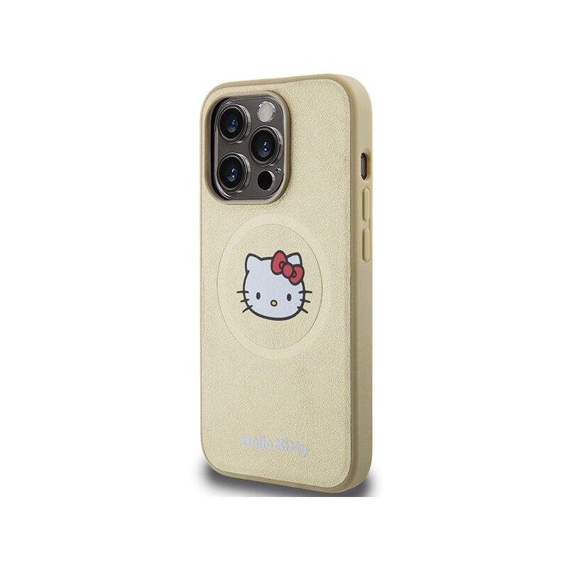 Husa Hello Kitty iPhone 15 Pro Max Hardcase Leather Kitty Head MagSafe, HKHMP15XPGHCKD, auriu