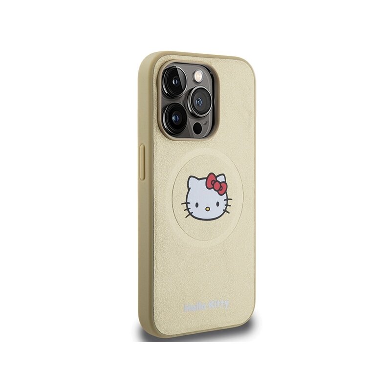 Husa Hello Kitty iPhone 15 Pro Max Hardcase Leather Kitty Head MagSafe, HKHMP15XPGHCKD, auriu