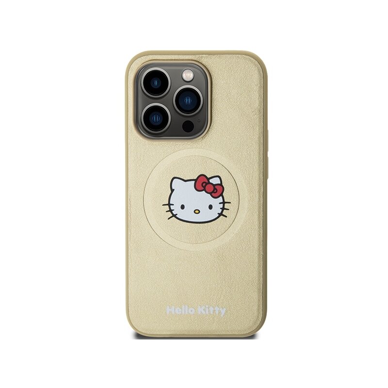 Husa Hello Kitty iPhone 15 Pro Max Hardcase Leather Kitty Head MagSafe, HKHMP15XPGHCKD, auriu