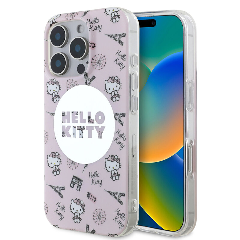 Husa Hello Kitty iPhone 16 Pro Hardcase IML All Over Paris MagSafe, roz, HKHMP16LHAOPP