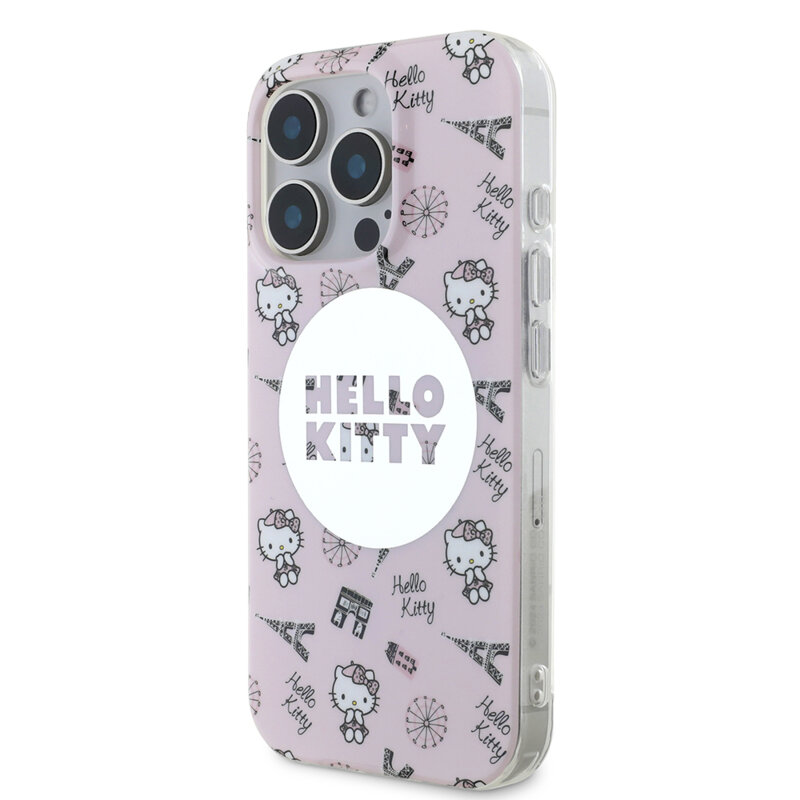 Husa Hello Kitty iPhone 16 Pro Hardcase IML All Over Paris MagSafe, roz, HKHMP16LHAOPP