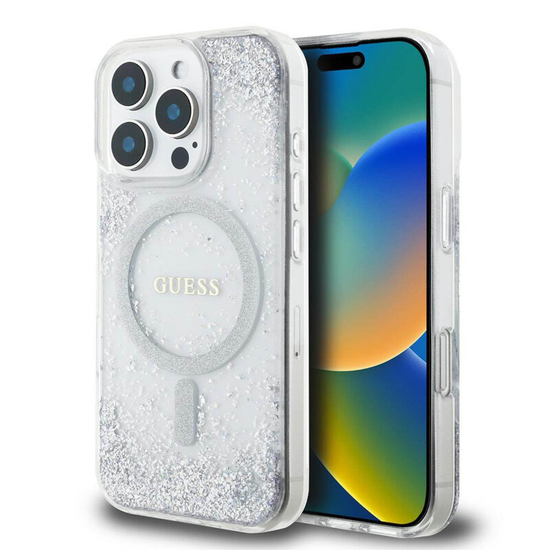 Husa originala Guess iPhone 16 Pro Max Hardcase Resin Gradient Glitter MagSafe, argintiu, GUHMP16XRGRGES