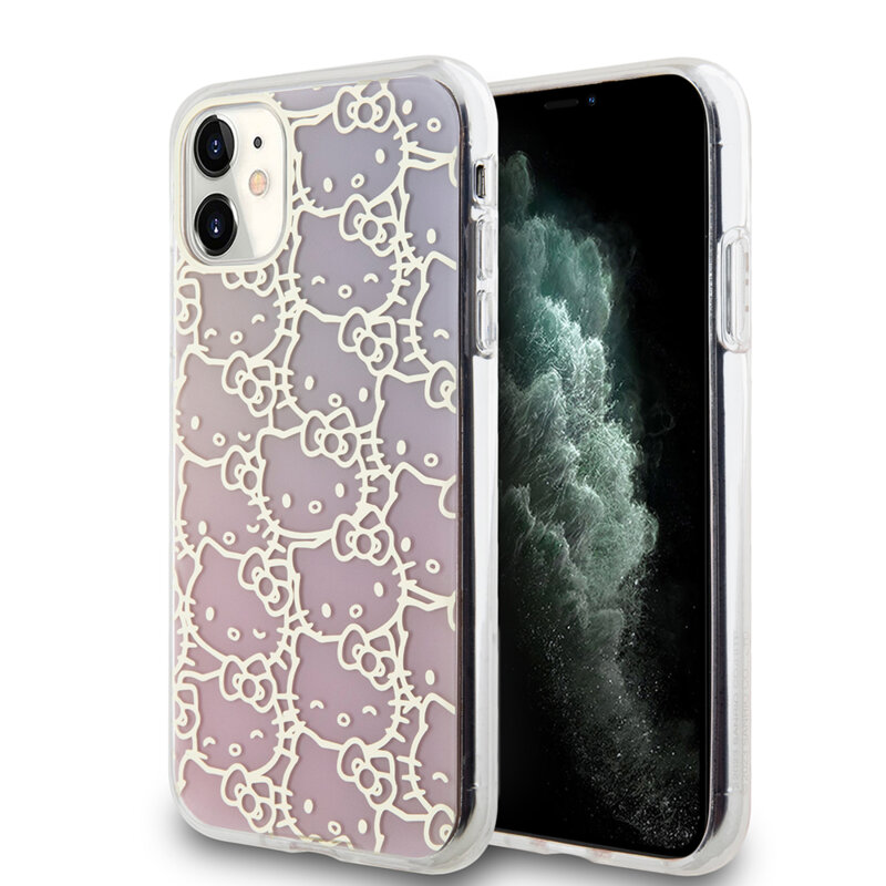 Husa Hello Kitty iPhone 11 Hardcase IML Gradient Electrop Crowded Kitty Head, roz, HKHCN61HCHPEP
