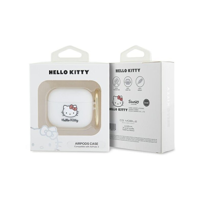 Husa AirPods 3 Hello Kitty Silicone 3D Kitty Head, HKA33DKHSH, alb