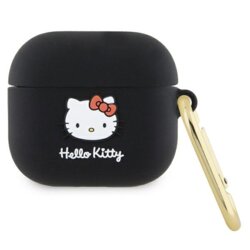 Husa AirPods 3 Hello Kitty Silicone 3D Kitty Head, HKA33DKHSK, negru