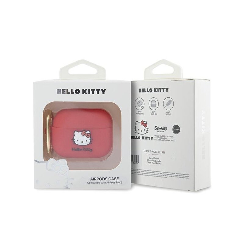 Husa AirPods Pro 2 Hello Kitty Silicone 3D Kitty Head, HKAP23DKHSF, rosu