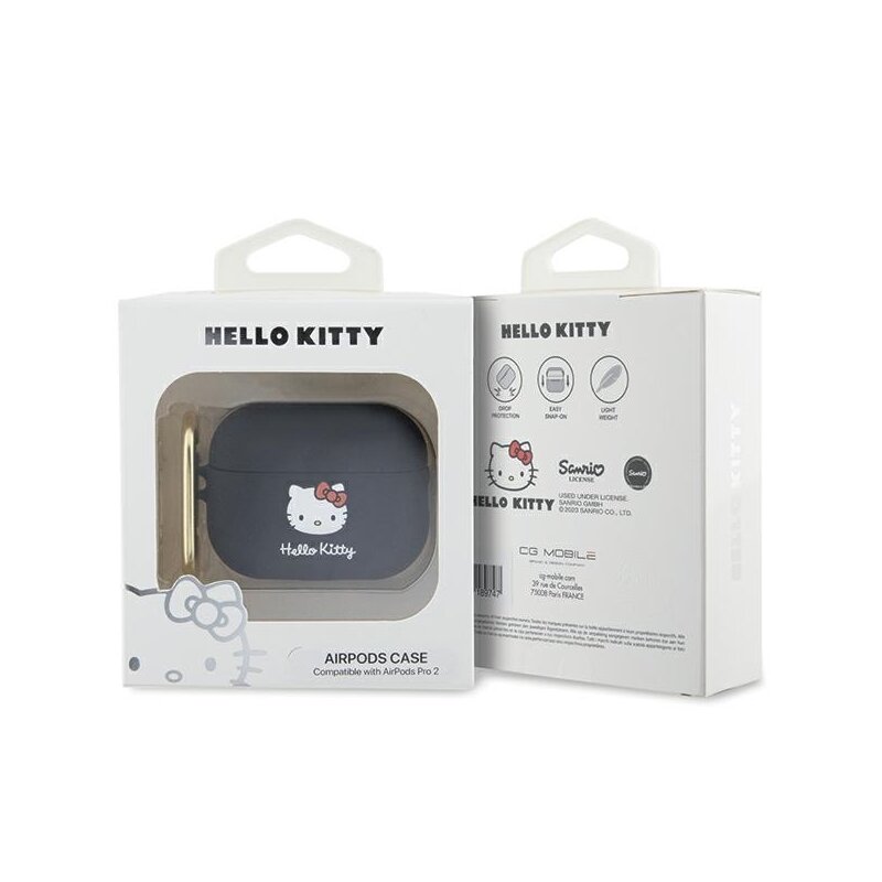 Husa AirPods Pro 2 Hello Kitty Silicone 3D Kitty Head, HKAP23DKHSK, negru